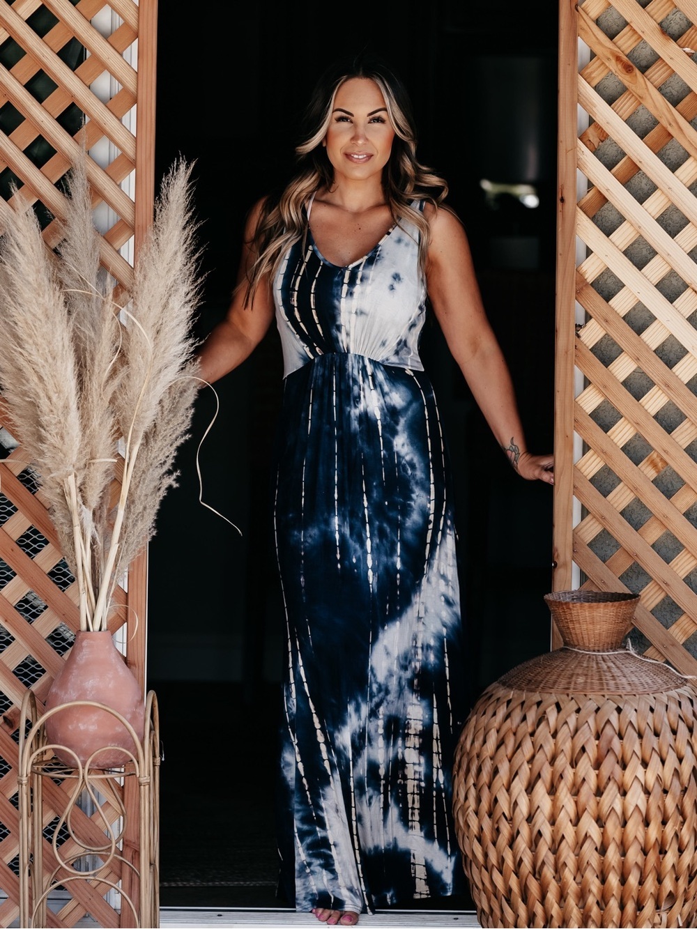 Umgee Navy and White Tie-Dye Maxi Dress
